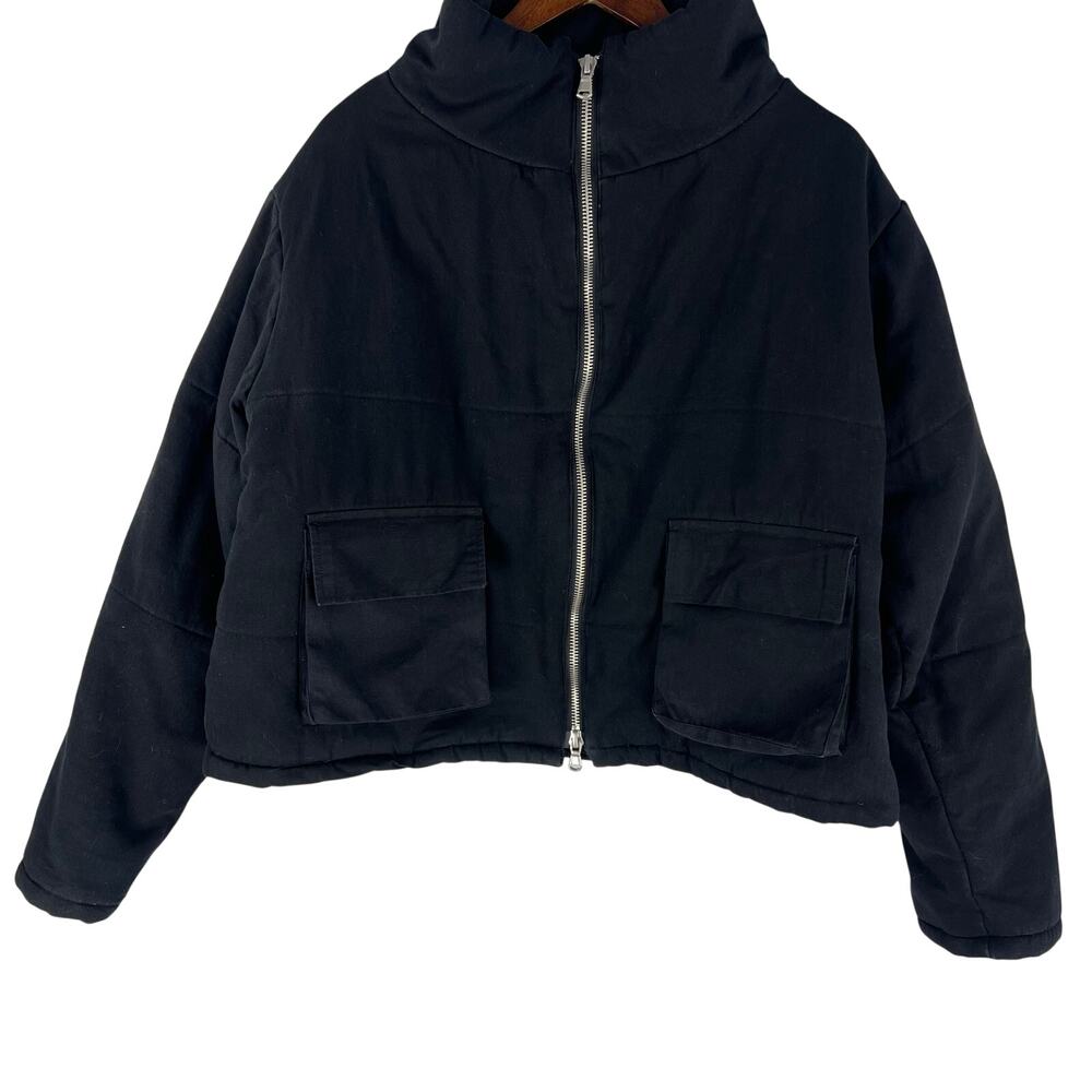 MNML Mens Cropped Puffer Jacket Size L Black Full Zip Padded Cotton Streetwear